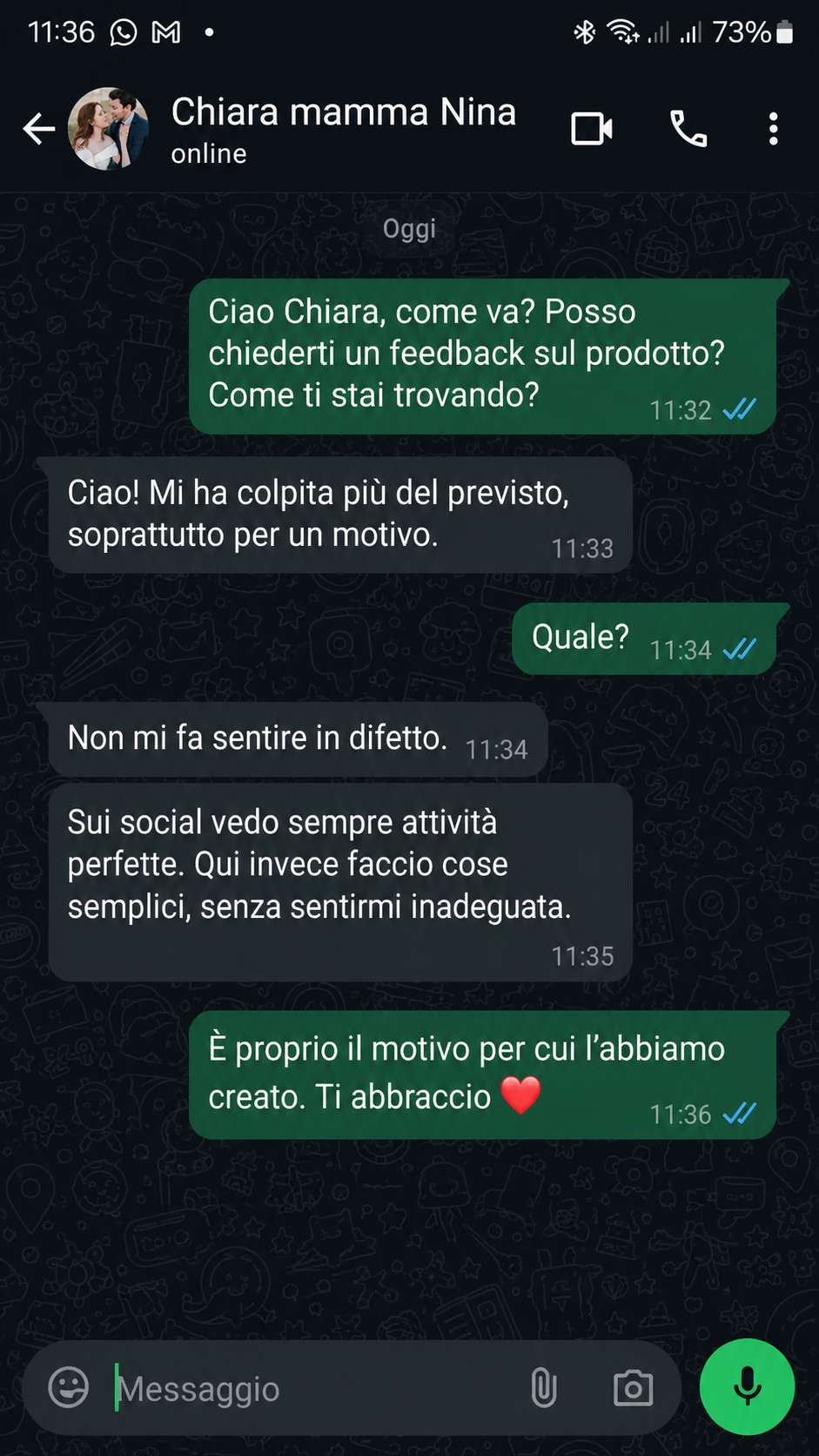 Conversazione WhatsApp con Chiara, mamma di Nina
